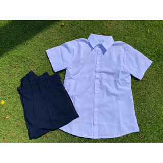 Áo sơ mi tay ngắn màu trắng xanh học sinh có size s m l xl