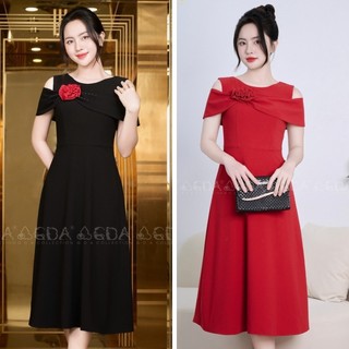 Đầm xòe công sở nữ hở vai cao cấp GDA COLLECTION chất Xước Hàn dày dặn, co dãn nhẹ, tôn dáng, che khuyết điểm