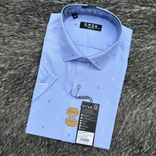 OWEN  Áo sơ mi nam ngắn tay vạt ngang (Ko TÚI NGỰC) chất sợi tre màu xanh dương in hoạ tiết 240061