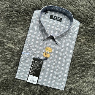OWEN - Áo sơ mi ngắn tay Owen vạt ngang chất sợi tre kẻ ca rô ghi 240013