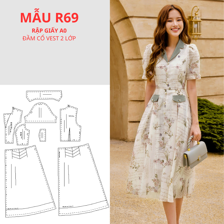 RẬP GIẤY A0 ĐẦM  CỔ VEST 2 LỚP MÃ R69
