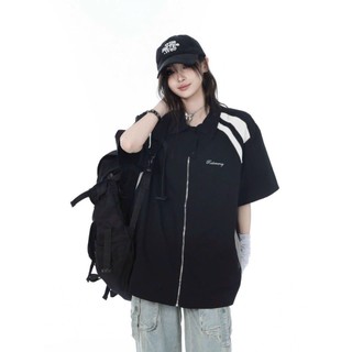 Áo sơ mi form rộng khoác kéo phối sọc cúc cổ style có túi