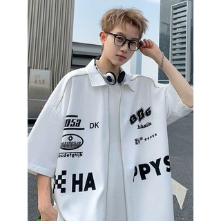 Áo khoác sơ mi khoá kéo in chữ form rộng nam nữ