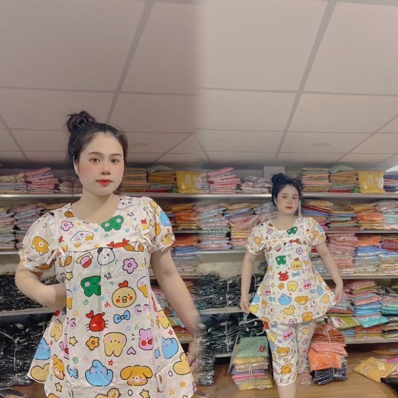 Bộ bầu lụa mềm quần lửng in hình dễ thương