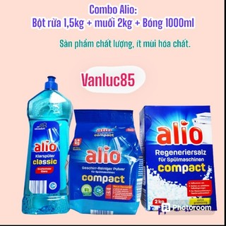 Combo bột rửa bát Alio 1,5kg mẫu mới, bóng Alio 1000ml, muối Alio 2kg