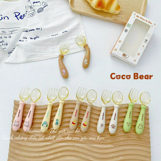 Set thìa dĩa bẻ cong tập xúc cocobear cho bé ăn dặm màu sắc đáng yêu, bộ thìa dĩa uốn cong coco bear mamabu