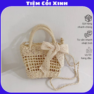 Túi cói nhỏ nơ ren đan lưới thưa vintage đi biển đeo chéo nơ ren dài