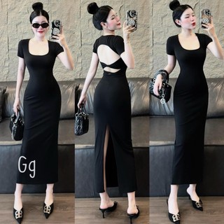  Đầm cổ vuông tay ngắn hở lưng 2 xoắn ôm body dáng dài trơn cực hot  chất thun gân tăm mềm mịn 
