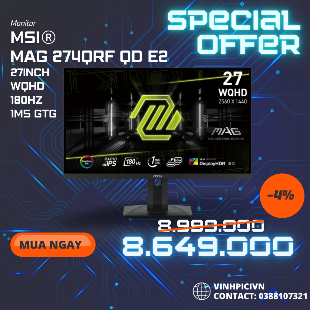 Màn hình MSI MAG 274QRF QD E2 27'' 1ms 180Hz Rapid IPS QuantumDot WQHD [NEW]