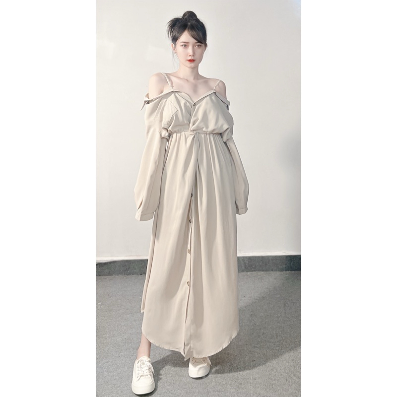 Đầm sơmi dài xoắn eo tay dài