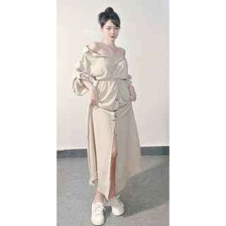 Đầm sơmi dài xoắn eo tay dài