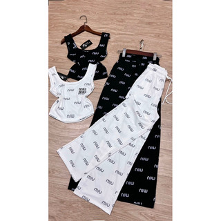 SP3- sét bộ thun tăm thêu chữ miu miu, áo dây croptop ưuanaf suông in ép chữ