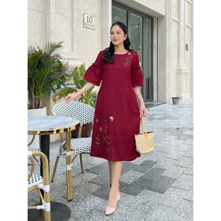 Đầm dự tiệc form a chất linen bột hoạ tiết thêu xịn