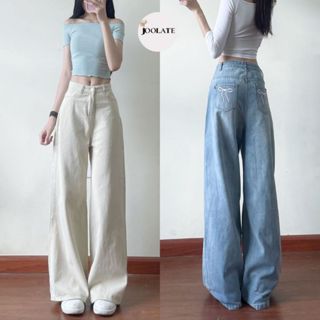 Quần jeans bò ống suông Joolate form loe dáng rộng phối túi thêu hình nơ siêu xinh
