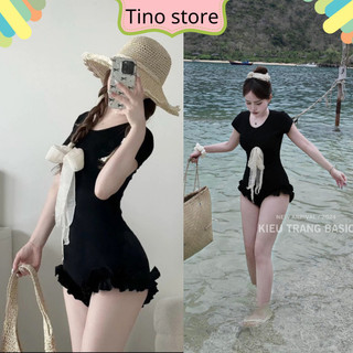 Sét bikini liền thân kín đáo đính nơ kèm khăn cho các nàng