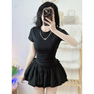 Áo croptop tay ngắn nhún sườn đính xích cổ ảnh thật