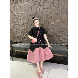  Váy bầu đầm bầu babydoll đuôi cá hoa chất cotton phối chân hồng tiểu thư siêu xinh phong cách Hàn Quốc 