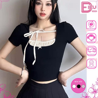 Áo croptop nữ tay ngắn cổ vuông thắt nơ phối bèo nhún ngực Điệu Fashion, Áo kiểu nữ tiểu thư viền bèo phối dây rút - A86