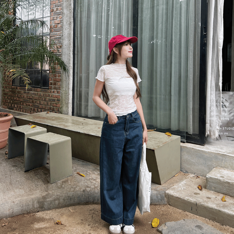 Quần jeans ống rộng bò nữ cạp lưng cao màu xanh đen be chất không co giãn gấu bản to bigsize phong cách Hàn Quốc Meisy | BigBuy360 - bigbuy360.vn