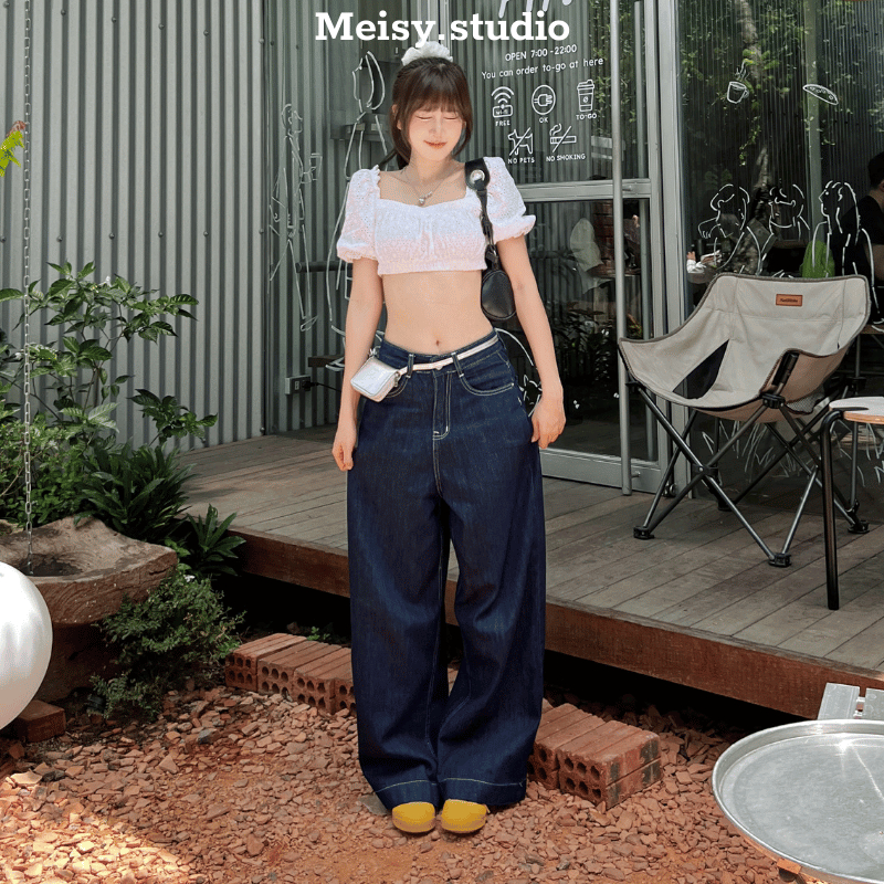 Quần jeans ống rộng bò nữ cạp lưng cao màu xanh đen be chất không co giãn gấu bản to bigsize phong cách Hàn Quốc Meisy | BigBuy360 - bigbuy360.vn