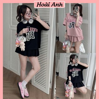 Set Bộ Đồ Nữ Áo Phông RI Ngôi Sao Phối Sọc Vai Nơ Hồng Đính Nổi Mix Chân Váy Xếp Ly Freesize