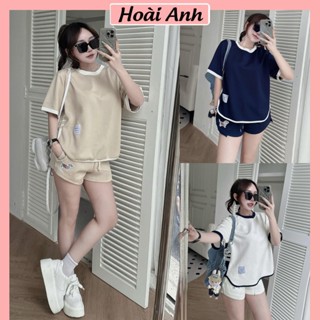 Set Bộ Đồ Nữ THOM Áo Phông Sọc Eo Phối Màu Lé Viền Lượn Gấu Mix Quần Sooc Đùi Thêu Logo Cún Freesize