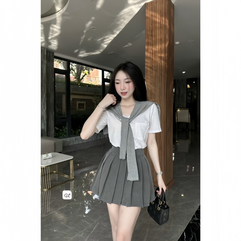 Sét Váy Thuỷ Thủ Nữ 3 Món Gồm Áo Thun Túi Nguc + Khăn Choàng + Chân Váy Xếp Ly | BigBuy360 - bigbuy360.vn