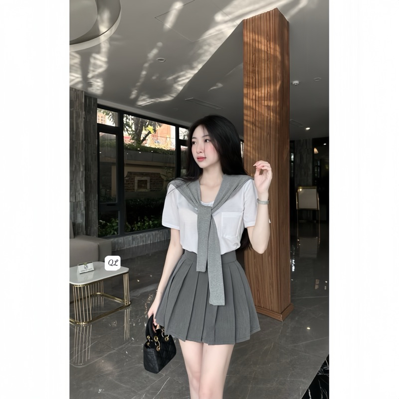 Sét Váy Thuỷ Thủ Nữ 3 Món Gồm Áo Thun Túi Nguc + Khăn Choàng + Chân Váy Xếp Ly | BigBuy360 - bigbuy360.vn