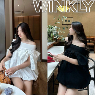 Áo váy trễ vai dáng phồng thiết kế đính nơ vai dáng bí basic phong cách tiểu thư xinh xắn