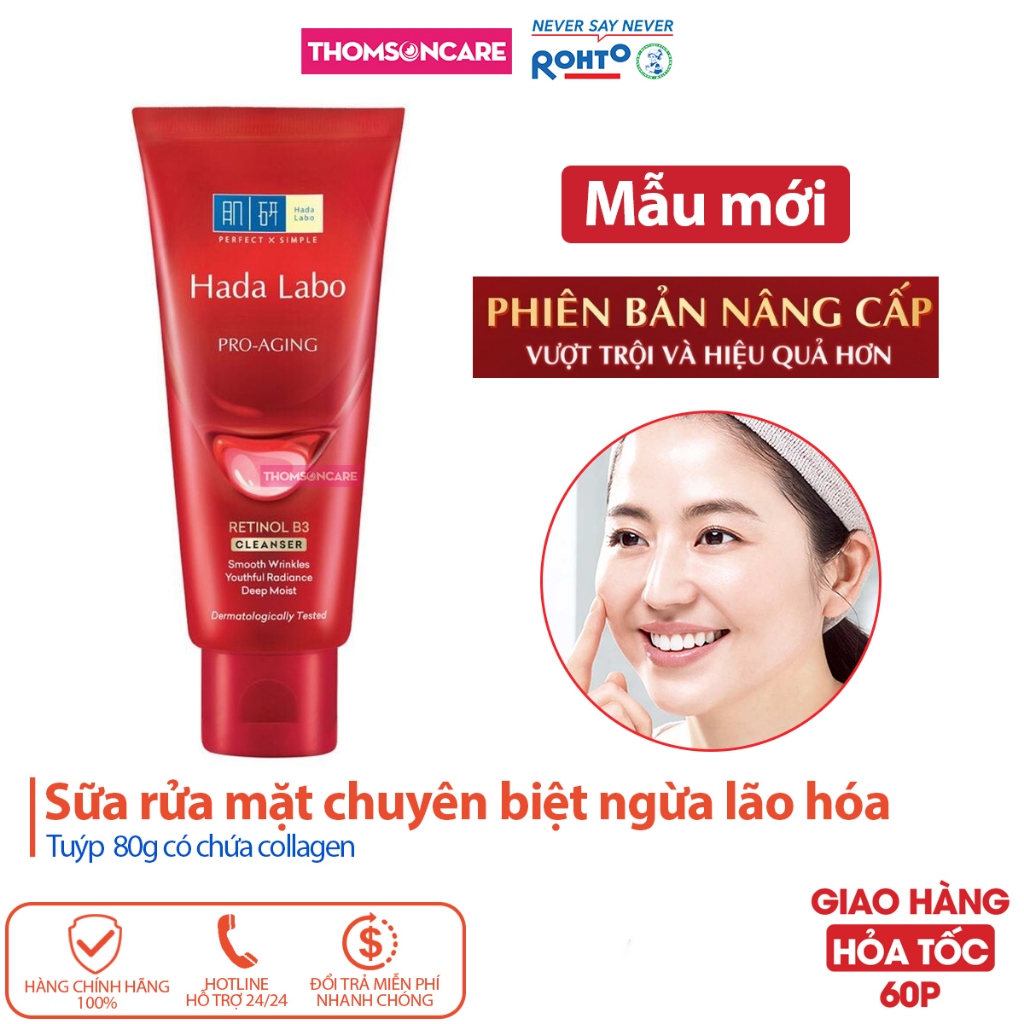 Sữa rửa mặt chống lão hóa da Hada Labo Anti Aging, chứa Collagen - srm Hadalabo tuýp 80g màu đỏ