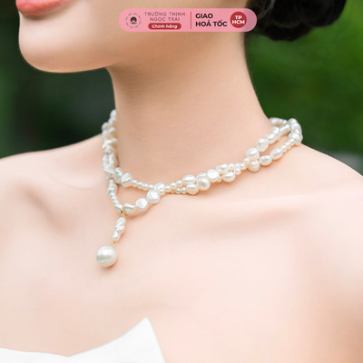 Chuỗi Cổ Ngọc Trai Hạt Dị Xoắn 2 Tầng Mặt Tứ Giác 8ly-4ly Thời Trang, Sang Trọng - Ngọc Trai Trường Thịnh