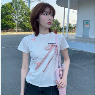 ÁO THUN BABY TEE IN CHỮ TRÊN DƯỚI ĐÍNH NƠ DÀI HÀN QUỐC ĐANG HOT BBT