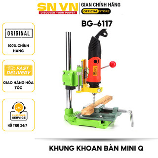 Khung khoan bàn chính hãng miniQ BG-6117.Chiều sâu khoan 60mm có thể điều chỉnh góc quay của máy khoan 90° để khoan góc