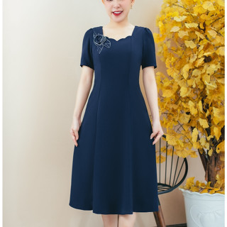 Đầm xòe 8 mảnh TTV1493 thiết kế Cổ sóng nước kết hoa tay ngắn màu Xanh đen