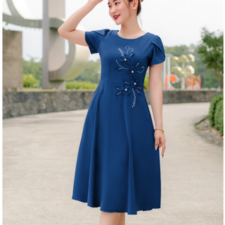 Đầm xòe dự tiệc TTV1367 thiết kế Cổ tròn tay búp kết hoa màu Xanh thời trang trung niên cao cấp