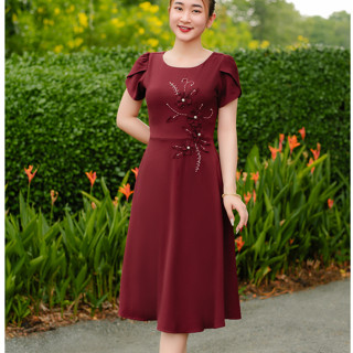 Đầm xòe dự tiệc TTV1367 thiết kế Cổ tròn tay búp kết hoa màu Đỏ đô thời trang trung niên cao cấp