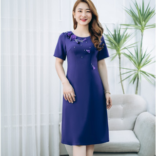 Đầm suông thiết kế trung niên TTV1339 Cổ tròn kết hoa tay ngắn màu Tím huế trẻ trung dạo phố