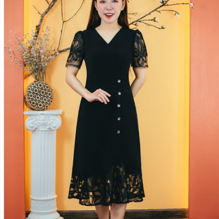 Đầm form A trung niên Cổ tim đắp chéo kết nút tay ngắn màu Đen TTV Store thời trang nữ TTV1591
