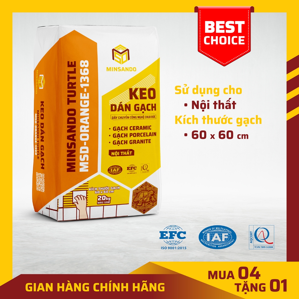 Keo dán gạch MINSANDO TURTLE MSD-ORANGE-1368 | Bao 25kg | Gạch 60x60 dùng cho nội thất