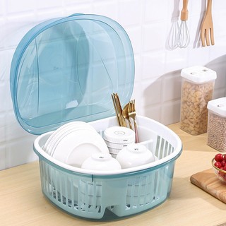 Rổ úp bát, rổ đựng chén bằng nhựa cao cấp có nắp đậy, khay hứng nước siêu tiện lợi - Mẫu Mới