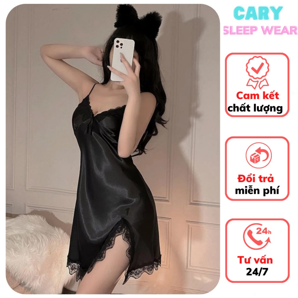 Váy ngủ sexy phối ren xẻ đồ ngủ phi lụa 2 dây mặc nhà gợi cảm CARY