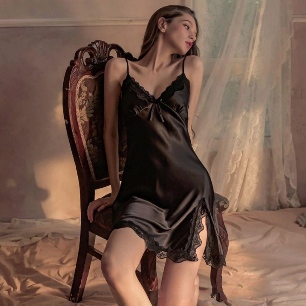Váy ngủ sexy phối ren xẻ đồ ngủ phi lụa 2 dây mặc nhà gợi cảm CARY | BigBuy360 - bigbuy360.vn