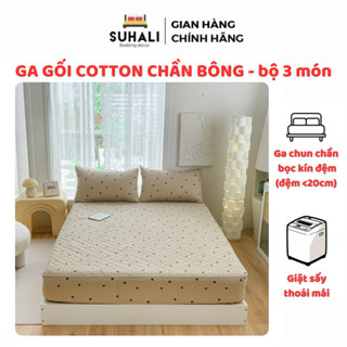 GA GỐI COTTON CHẦN BÔNG - bộ 3 món ga chun trần và 2 vỏ gối nằm Suhali