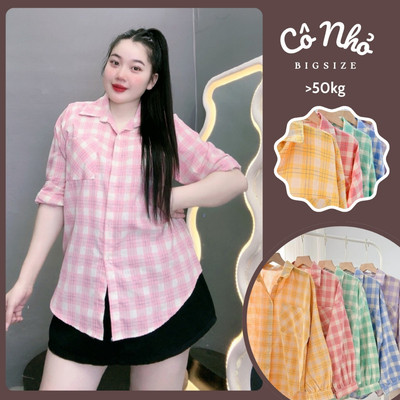 Áo Sơ Mi Bigsize Nữ Tay Dài Kẻ Caro Form Rộng Phối Túi Vải Linen Thô Mềm Mát SM161