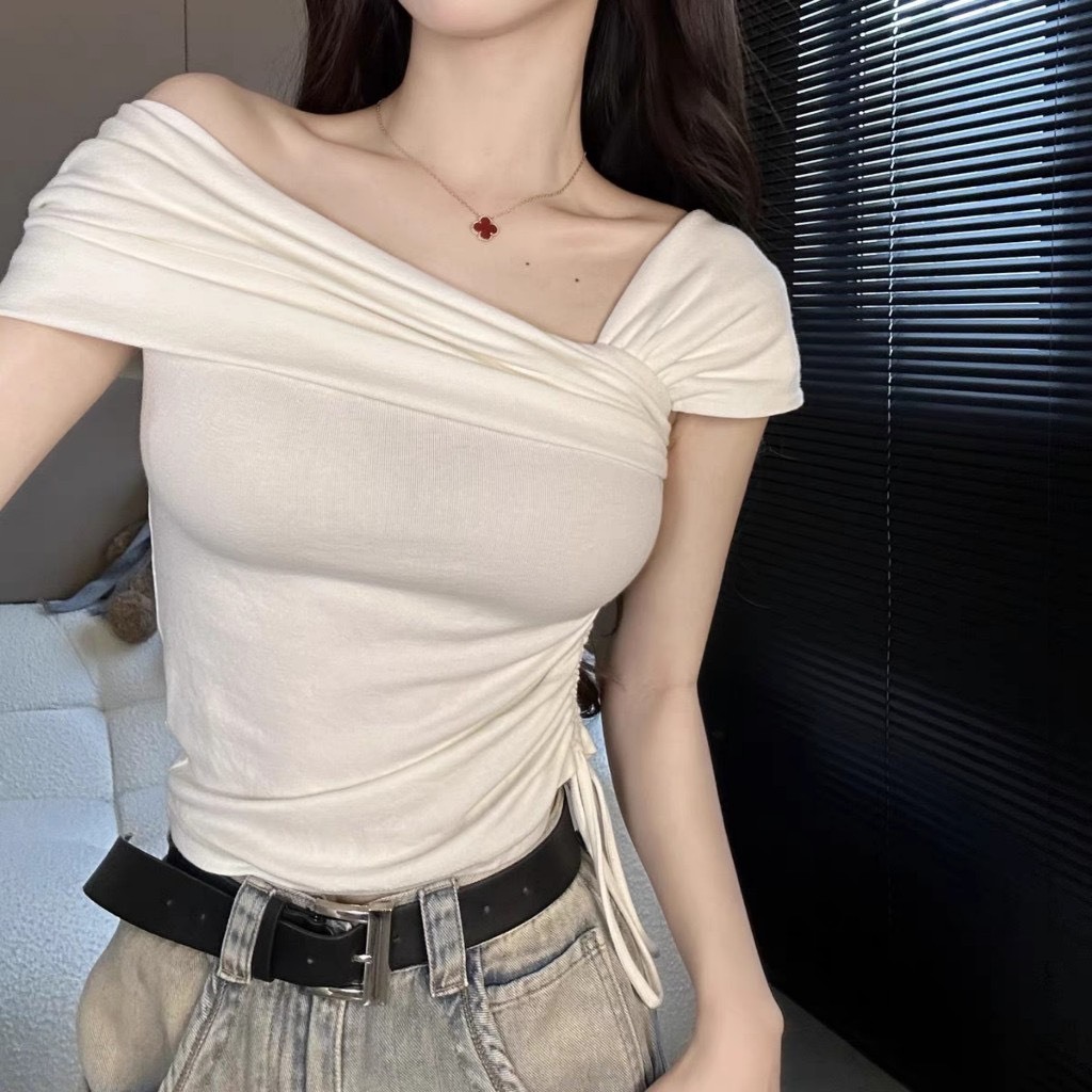 Áo thun nữ trễ vai vạt lệch phối dây rút eo dáng ôm body siêu xinh điệu đà áo kiểu phong cách Hàn Quốc A590 - HANASU