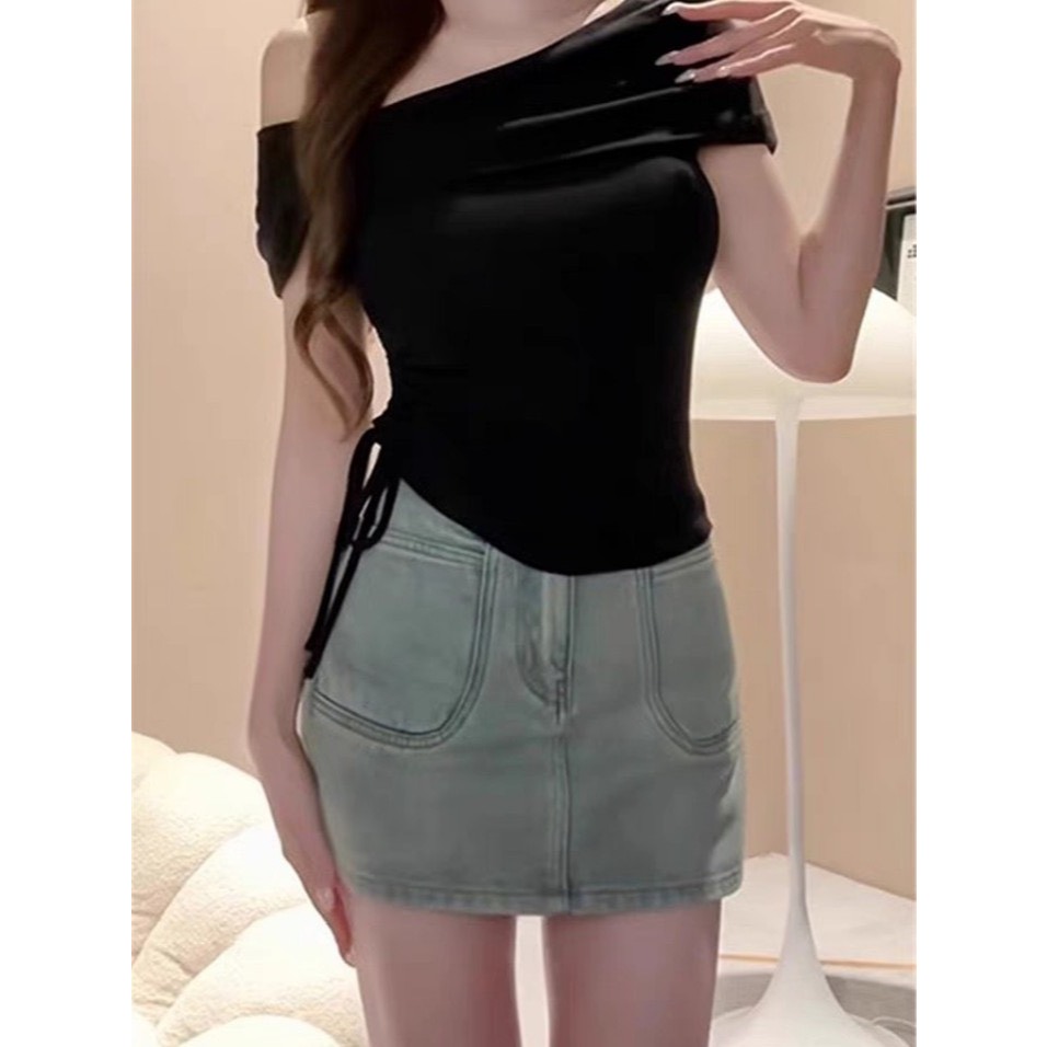 Áo thun nữ trễ vai vạt lệch phối dây rút eo dáng ôm body siêu xinh điệu đà áo kiểu phong cách Hàn Quốc A590 - HANASU