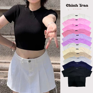 Áo thun Croptop trơn basic fit dáng chất Thun Gân co giãn 4 chiều, mêm mịn thoáng mát.