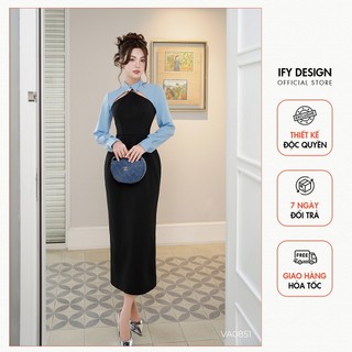Váy công sở nữ trẻ trung cao cấp IFY DESIGN thiết kế dáng dài bút chì cổ sơ mi đính ngọc khoét vai cách điệu VA0851