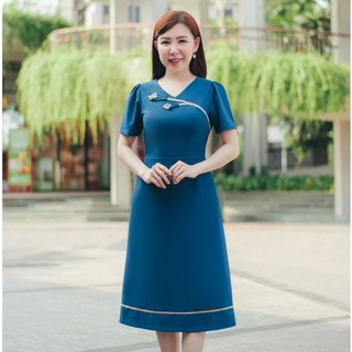 Đầm form A trung niên Cổ tim kết hoa tay ngắn màu Xanh cổ vịt TTV Store thời trang Nữ TTV1559