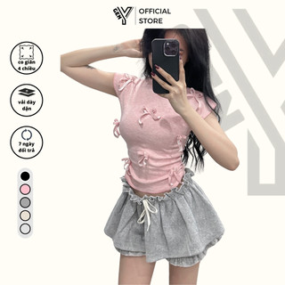 Áo kiểu nữ đính nơ nhún eo vạt bầu GenY áo baby tee nữ ôm body nhiều màu phong cách dễ thương C6